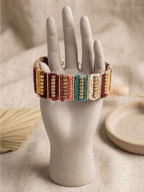 Boho Woven Beaded Strand Bracelet Multicolor Gold Tone Clasp